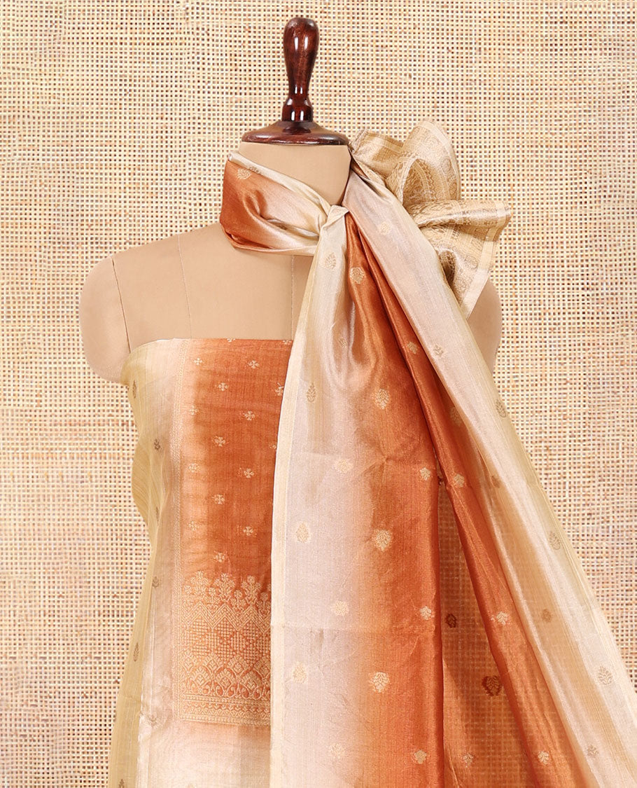 Chikku-Rust Semi-Tussar Material Chudiddar, Buttas and Neck Work Top, Contrast Bottom, Buttas Dupatta