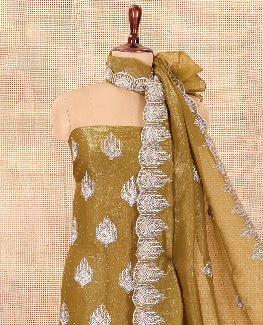 Pista Green Mul Chanderi Material Chudiddar, Floral Embroidered Top, Plain Bottom, Embroidered Dupatta