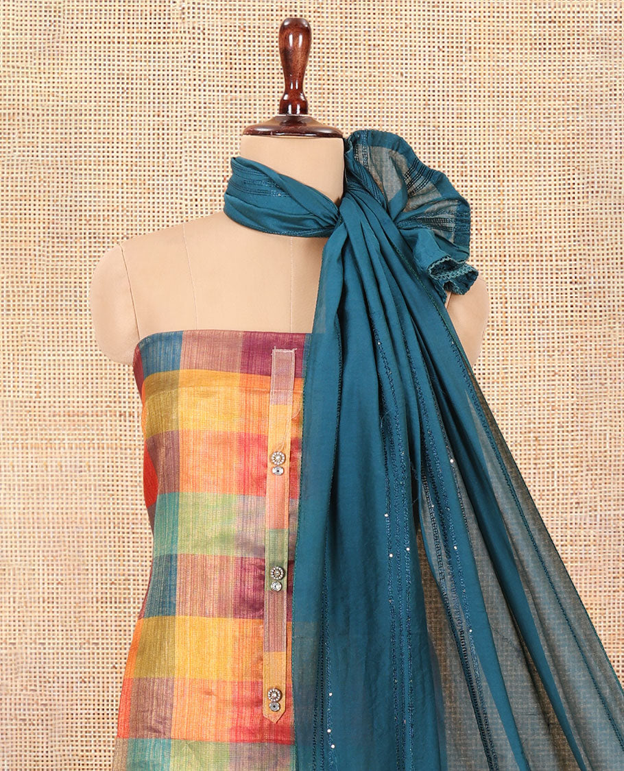 Multi-Color Shimmer Tissue Material Churidar, Elevated with Madras Checked Neckwork Top, a Contrast Bottom, and a Sequins Striped Dupatta