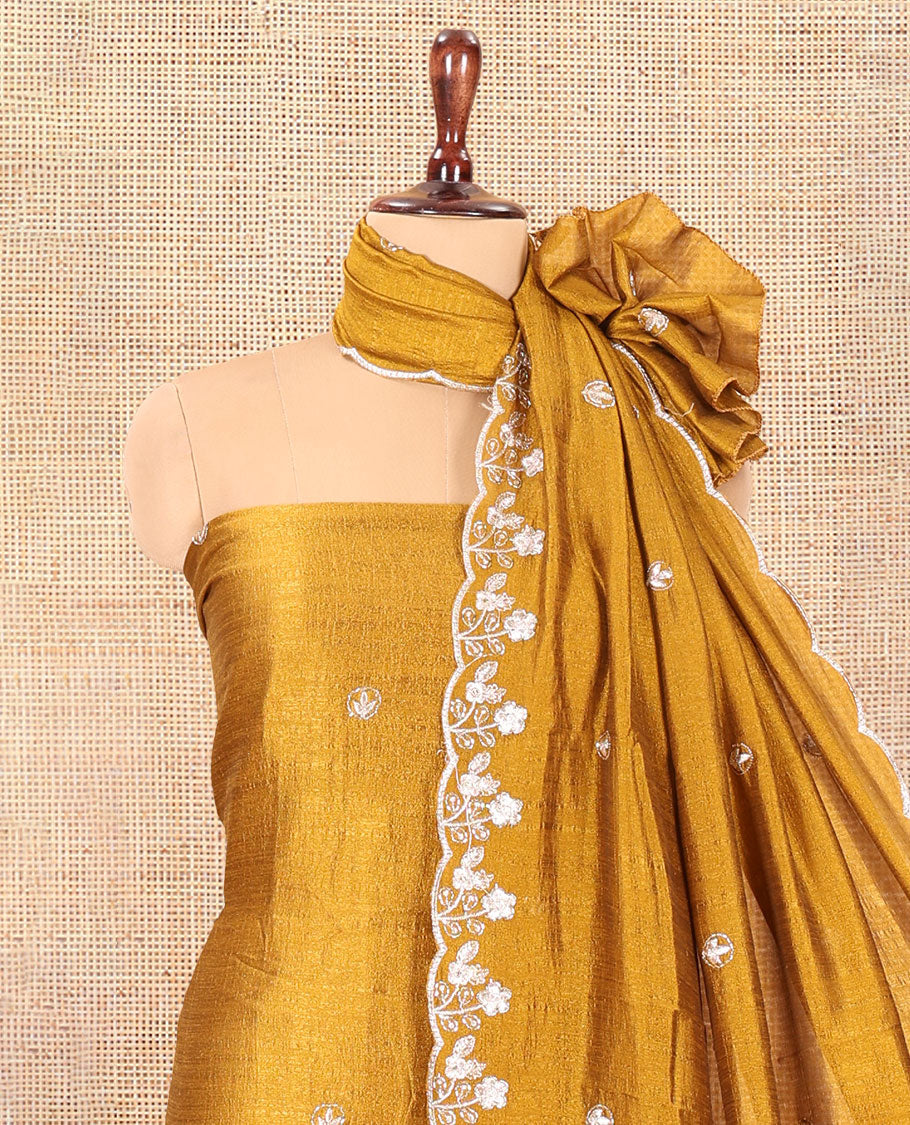 Mustard Semi-Silk Material Churidar Features a Floral Embroidered Top, a Matching Bottom, Embroidered Dupatta