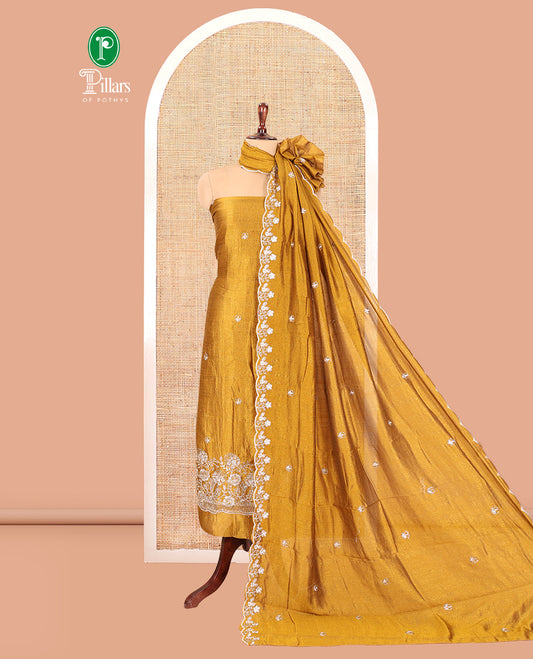 Mustard Semi-Silk Material Churidar Features a Floral Embroidered Top, a Matching Bottom, Embroidered Dupatta
