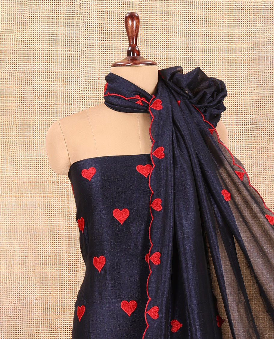 Navy Blue Semi-Silk Material Chudidar, Heart Embroidered Top, Plain Bottom, Heart Embroidered Dupatta