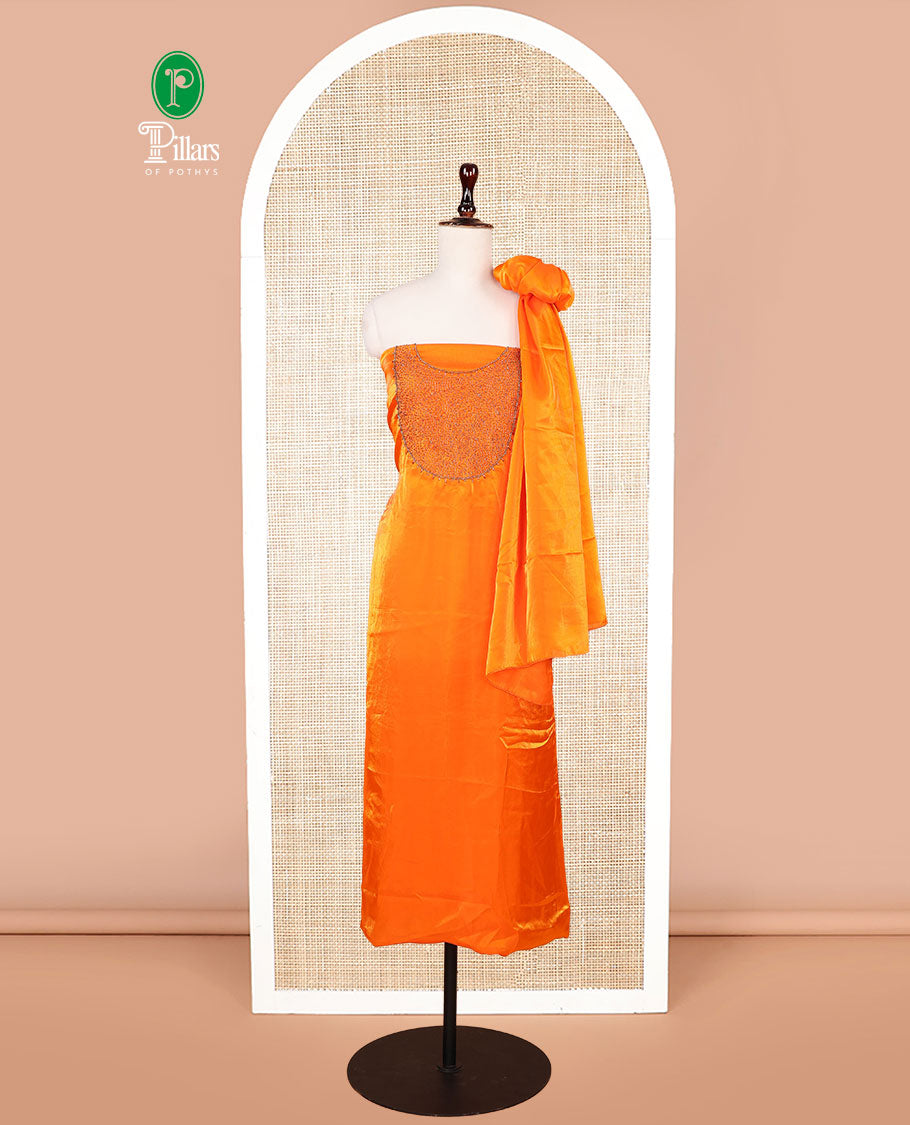 Orange moti handwork velvet organza chudidhar material top with american crepe pant & one side handwork dupatta