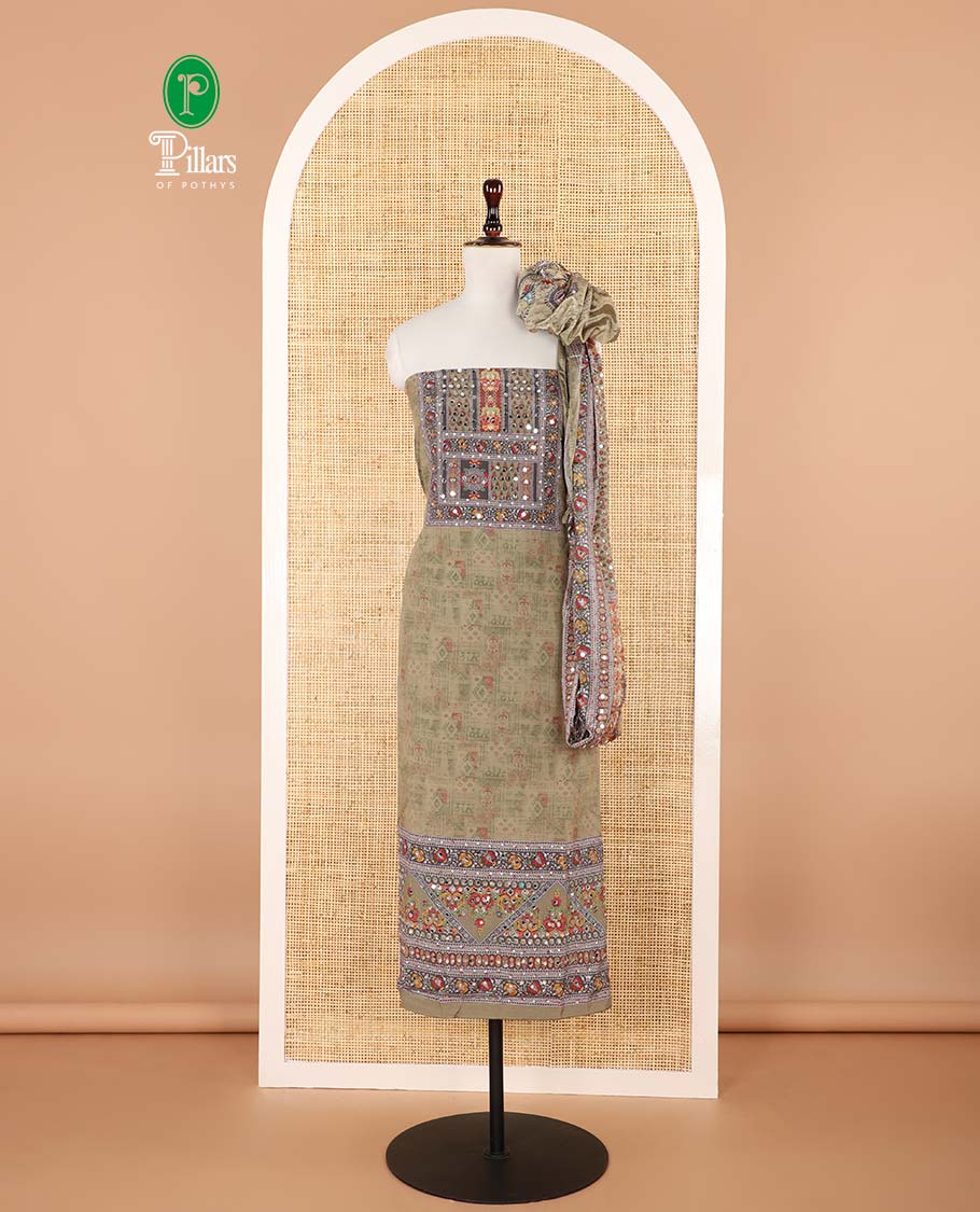 Light mehendi green jacquard ajrak, stone, mirror work crepe chudidhar material top with american crepe pant & chinnon material ajrak digital print , mirror work dupatta