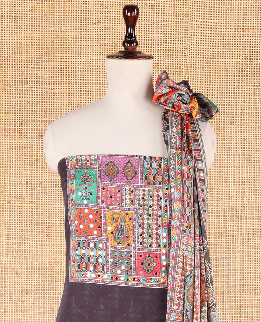 Black jamdani print, mirror work crepe chudidhar material top with santoon material pant & jamdani design print, mirror work dupatta