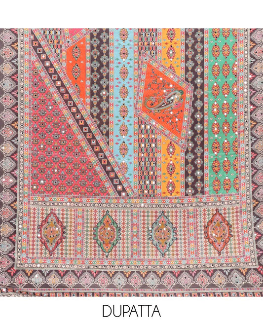 Black jamdani print, mirror work crepe chudidhar material top with santoon material pant & jamdani design print, mirror work dupatta