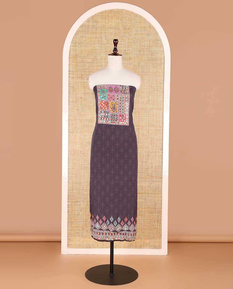 Black jamdani print, mirror work crepe chudidhar material top with santoon material pant & jamdani design print, mirror work dupatta