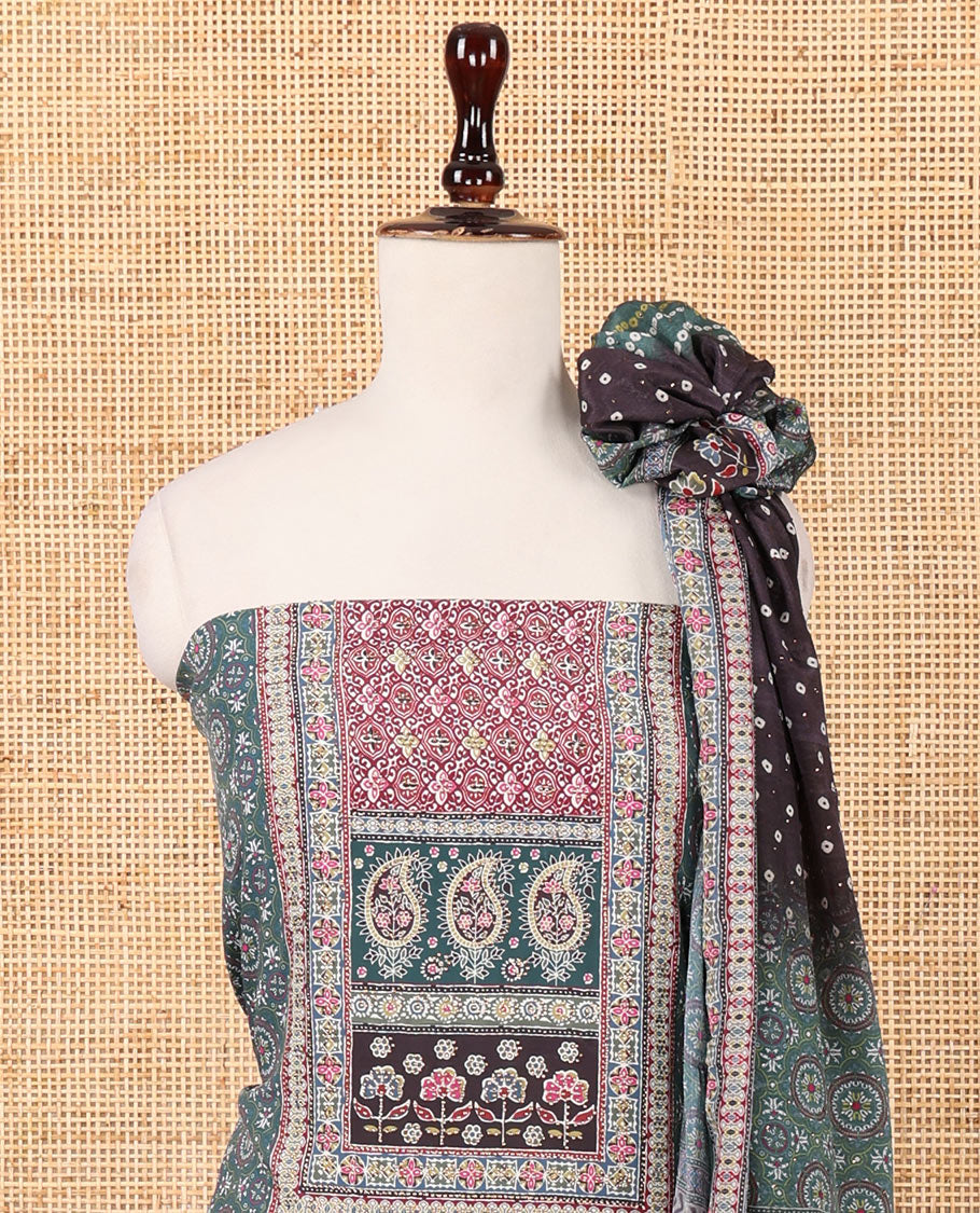 Bottle green crepe chudidar material set, ajrakh-print with daman floral design top, plain bottom & dupatta of bandhani dots & ajrakh-style print