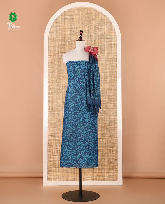 Blue chudidhar material, leaf batik-print bhagalpuri cotton top,contrast batik-print bottom & dual-color printed mul-mul dupatta