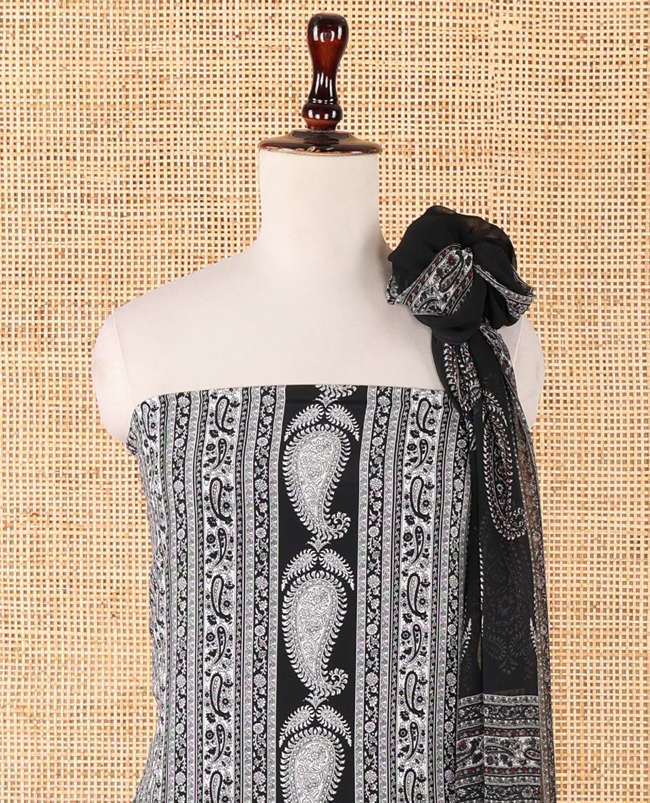 Black & white chudidhar material,floral & paisley printed Italian crepe top,plain crepe bottom & paisley printed georgette dupatta