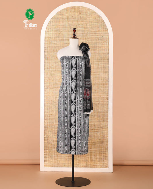 Black & white chudidhar material,floral & paisley printed Italian crepe top,plain crepe bottom & paisley printed georgette dupatta