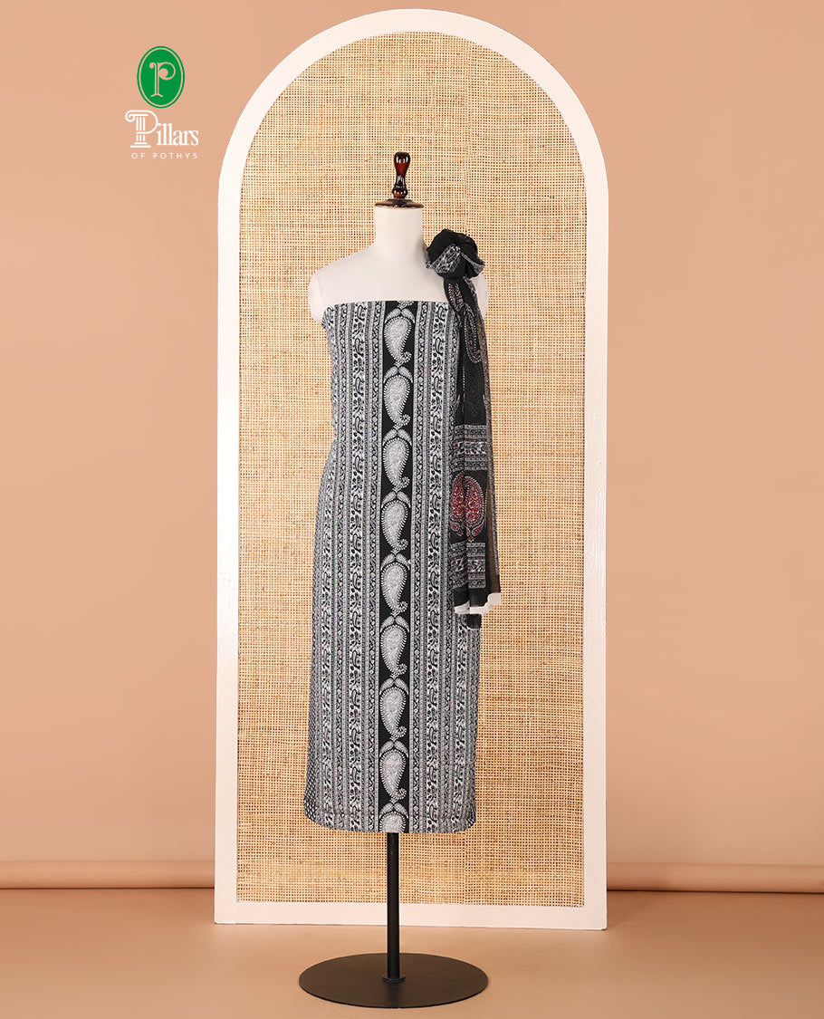 Black & white chudidhar material,floral & paisley printed Italian crepe top,plain crepe bottom & paisley printed georgette dupatta