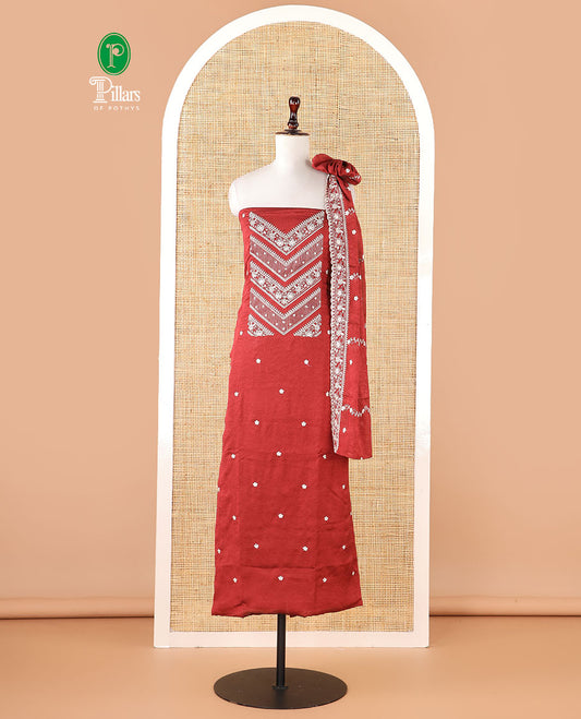 Maroon Vichitra crush material chudidar set, thread & bead floral embroidery top, plain santoon bottom & floral thread embroidery dupatta