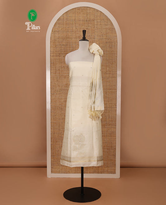Kerala cream chudidar material set, zari buttas woven taffeta silk top, plain cream santoon bottom & floral zari woven dupatta