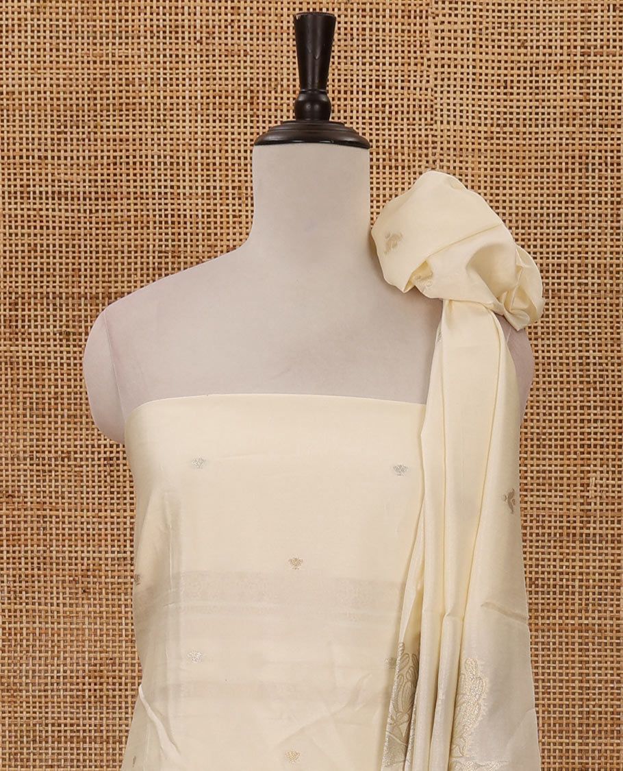 Kerala cream chudidar material set, zari buttas woven taffeta silk top, plain cream santoon bottom & floral zari woven dupatta