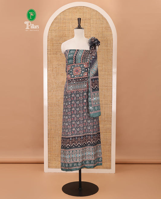 Black & sapphire green material chudidar set, Arjrakh print & mirror work Masakali crepe top,santoon bottom & Arjrakh print & mirrorwork chinon dupatta