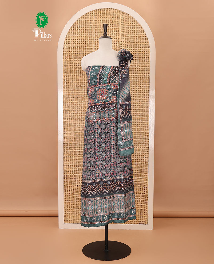 Black & sapphire green material chudidar set, Arjrakh print & mirror work Masakali crepe top,santoon bottom & Arjrakh print & mirrorwork chinon dupatta