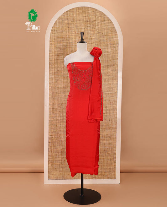 Orange material chudidar set, sugar beads neck embroidered velvet organza top, american crepe bottom & embroidered velvet organza dupatta
