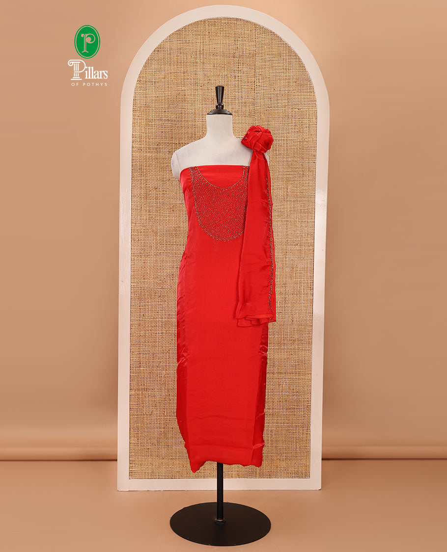 Orange material chudidar set, sugar beads neck embroidered velvet organza top, american crepe bottom & embroidered velvet organza dupatta