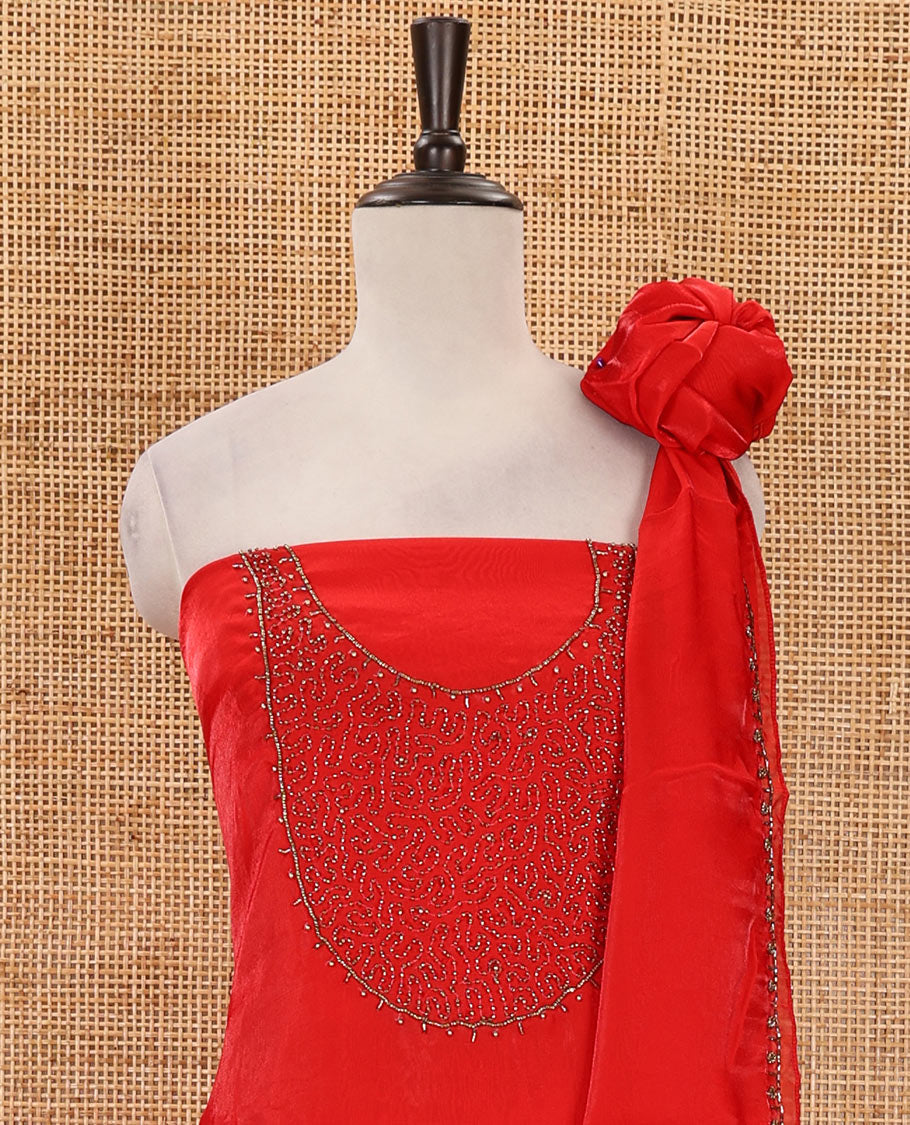 Orange material chudidar set, sugar beads neck embroidered velvet organza top, american crepe bottom & embroidered velvet organza dupatta