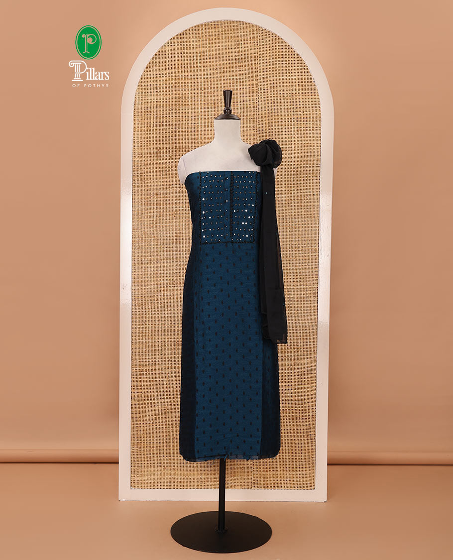 Blue material chudidar set, black beads & mirror neck embroidered with buttas woven vichitra silk top, santoon bottom & contrast mirror work chiffon dupatta