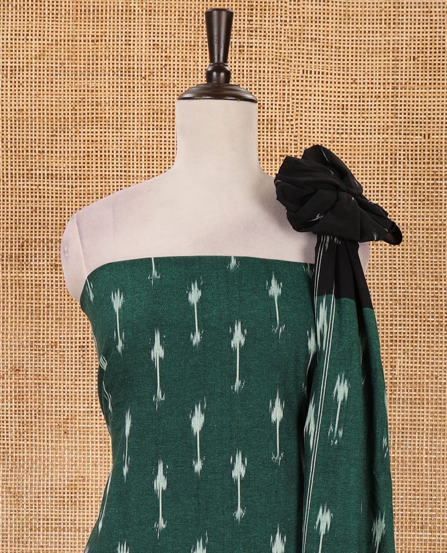Green material chudidar set, arrow-shaped buttas woven pure cotton pochampally ikkat top, contrast bottom & dual-color ikkat motifs pure cotton dupatta