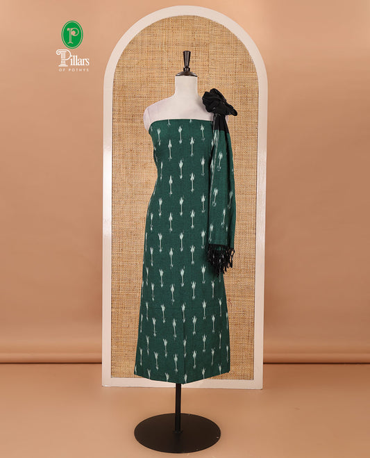 Green material chudidar set, arrow-shaped buttas woven pure cotton pochampally ikkat top, contrast bottom & dual-color ikkat motifs pure cotton dupatta