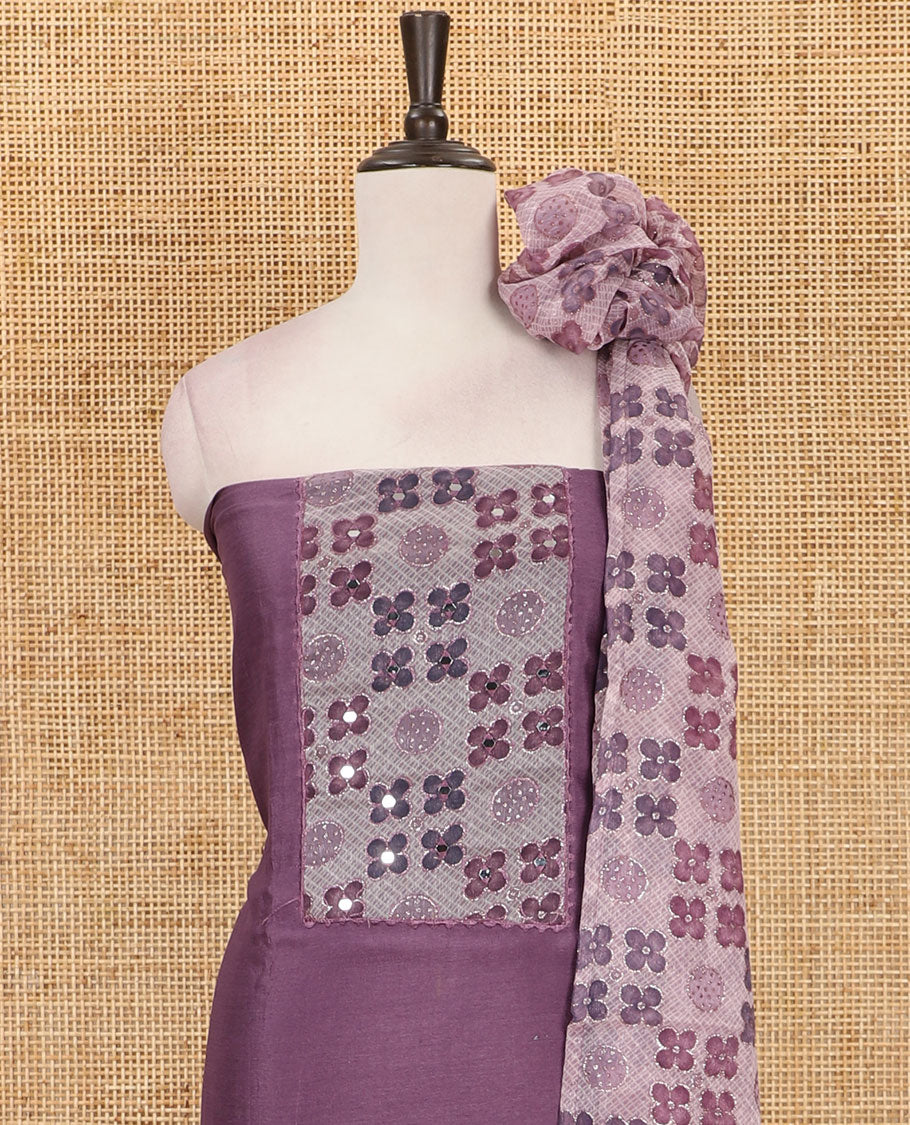 Lavender Vichitra silk material chudidar set, brasso print & mirror embroidered neck work top, santoon bottom & four-petal floral motifs printed dupatta