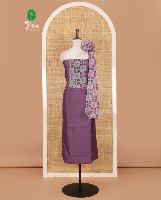 Lavender Vichitra silk material chudidar set, brasso print & mirror embroidered neck work top, santoon bottom & four-petal floral motifs printed dupatta