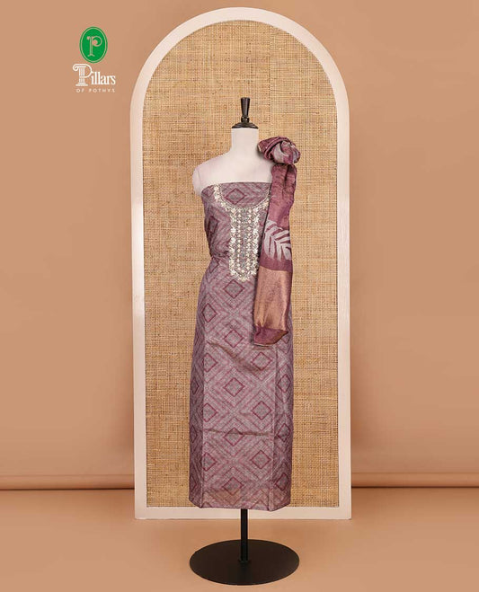 Grey and wine material chudidar set, geometric digital printed with neck embroidered Shimmer tissue top, santoon bottom, and floral printed Shimmer tissue dupatta