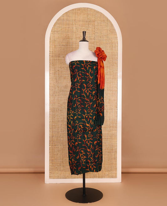 Dark green cotton material chudidar set, paisley vine batik printed top, contrast plain bottom, and dupatta of shibori and batik print