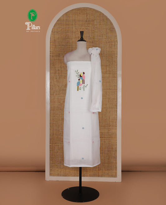 White net kota material chudidar set, macaw parrot, and flower motifs, multi-color sugar bead embroidered top, plain santoon bottom, and sugar bead embroidered dupatta