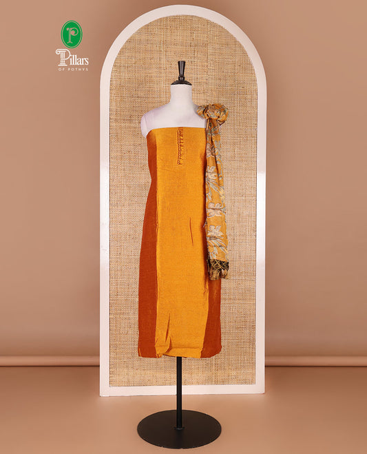 Mustard material chudidar set, plain with fancy thermacol balls neck work Vichitra top, cotton bottom, and floral printed dupatta