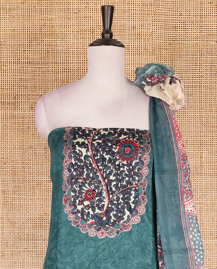 Green pure cotton material chudidar set, floral print with French knot and bead work top, plain cotton bottom, and floral-geometric printed dupatta