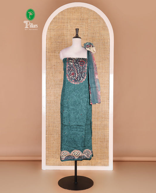 Green pure cotton material chudidar set, floral print with French knot and bead work top, plain cotton bottom, and floral-geometric printed dupatta