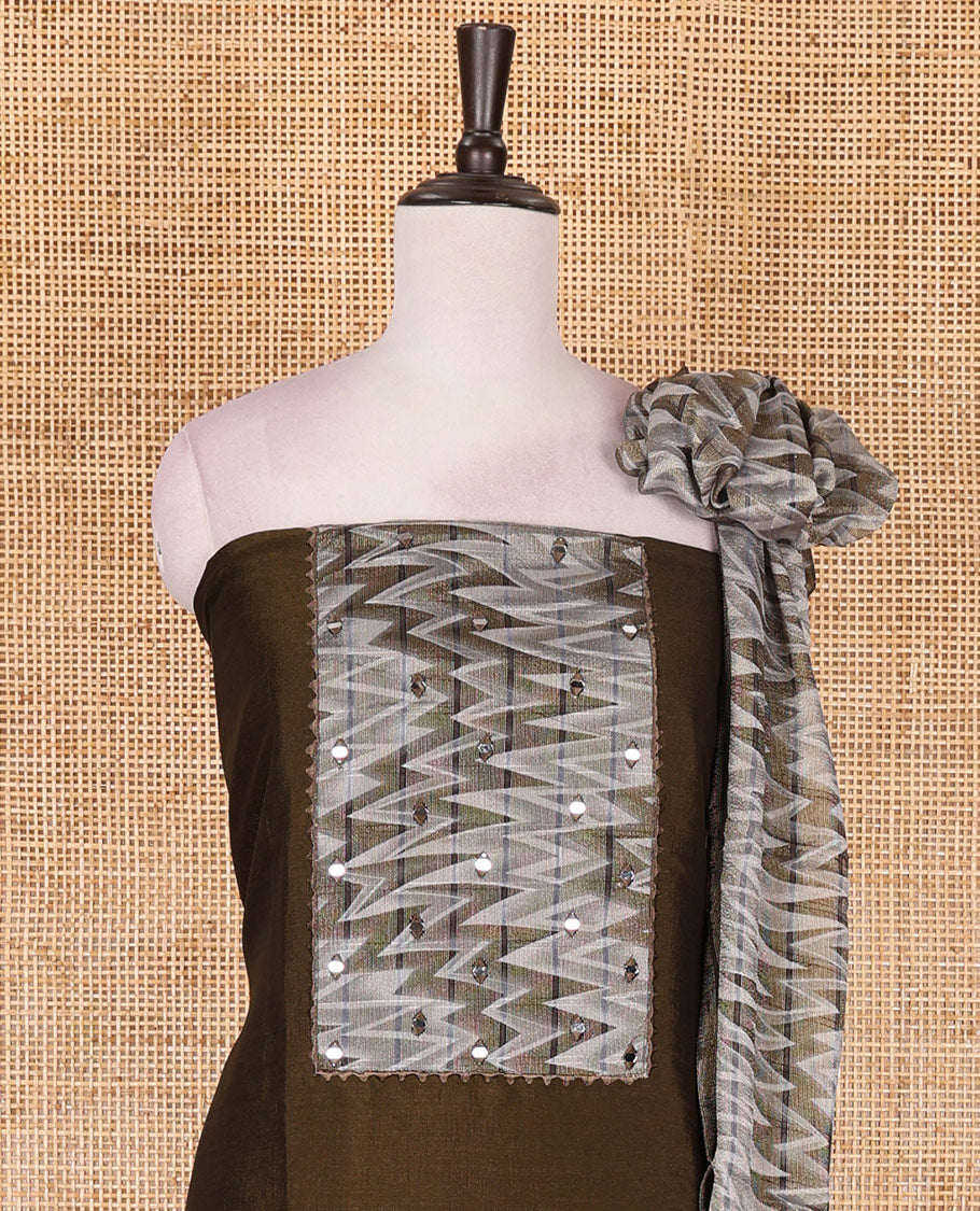 Mehendi green Vertican silk material chudidar set, ikkat chevron striped with mirror neck embroidered top, santoon bottom, and contrast chevron striped dupatta