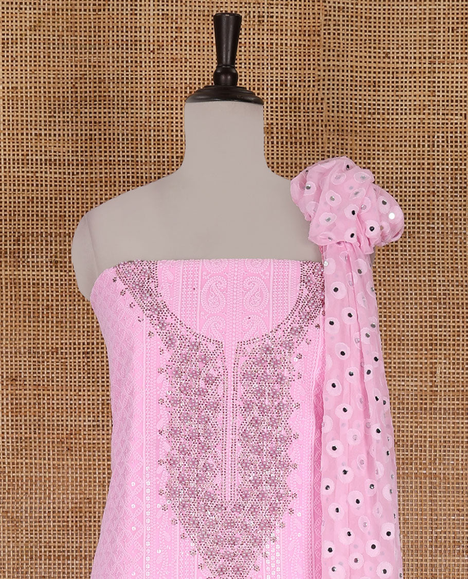 Light Pink material churidar set, stone work with Schiffli style embroidered georgette top, American Crape bottom, and polka dotted printed mirror work dupatta