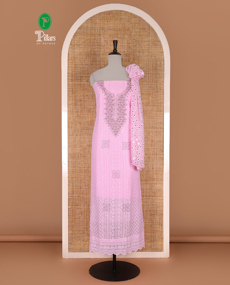 Light Pink material churidar set, stone work with Schiffli style embroidered georgette top, American Crape bottom, and polka dotted printed mirror work dupatta