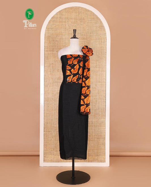 Black and orange material churidar set, neck leaf print with mirror work Vichitra silk top, plain santoon bottom, and leaf printed shimmer georgette dupatta