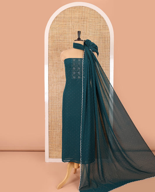 Rama color material chudidar set, silver stone embroidered with neck bead work georgette top, santoon plain botom, and scallop swarovski stone work dupatta