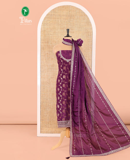 Dark Purple Chudidar Set Beautifully Bedecked with Floral Jaal Jacquard Design Viscose Chinon Unstitched Top, Readymade Free Size Sharara Pants, and a Chinon Embroidered Scallop-Bordered Dupatta