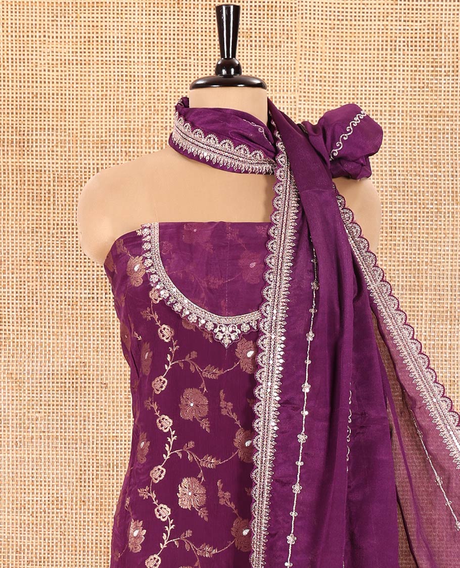 Dark Purple Chudidar Set Beautifully Bedecked with Floral Jaal Jacquard Design Viscose Chinon Unstitched Top, Readymade Free Size Sharara Pants, and a Chinon Embroidered Scallop-Bordered Dupatta