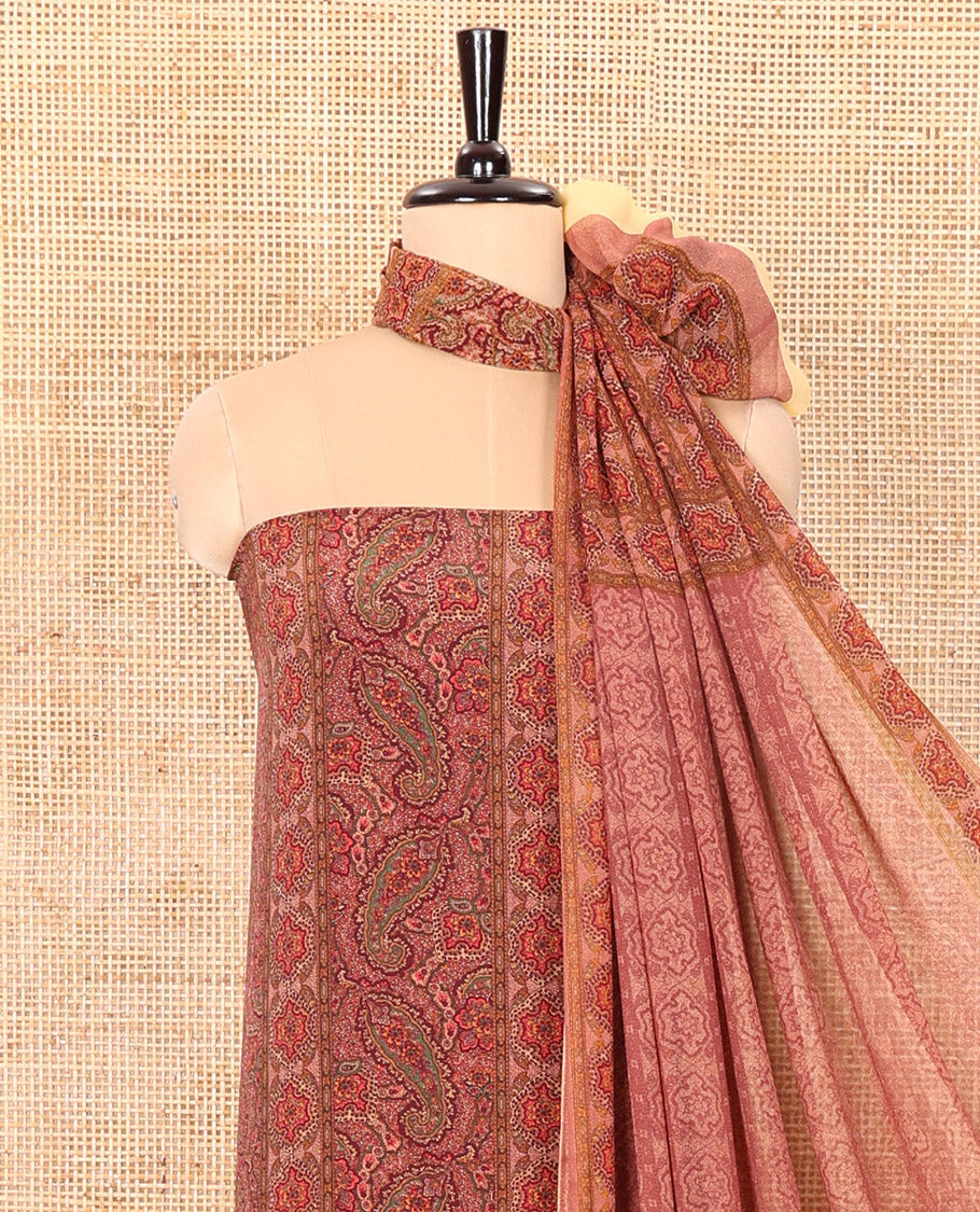 Light Pink Material Chudidar Set Intricately Printed with Paisley Motifs on the Italian Crepe Top, Subtly Negative Printed Bottom, and Italian Crepe Dupatta of the Same Paisley Prints