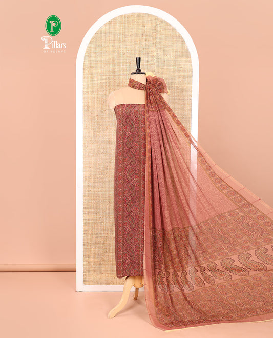 Light Pink Material Chudidar Set Intricately Printed with Paisley Motifs on the Italian Crepe Top, Subtly Negative Printed Bottom, and Italian Crepe Dupatta of the Same Paisley Prints