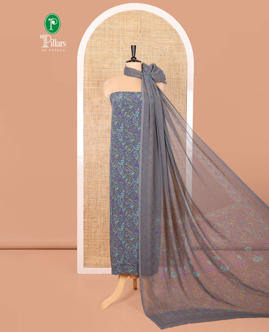 Grey Material Chudidar Set, Beautifully Bedecked with Floral Print on Its Italian Crepe Top, Italian Crepe Bottom, and Georgette Dupatta of Floral Print