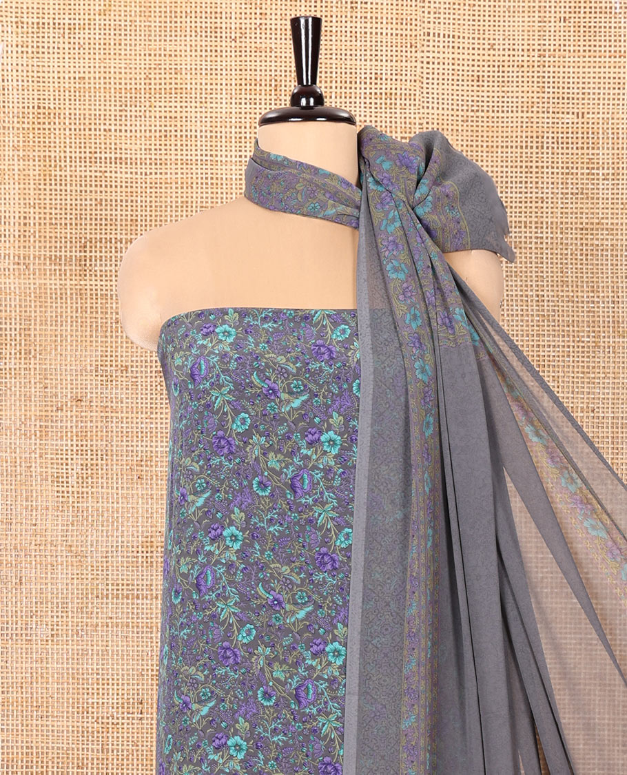 Grey Material Chudidar Set, Beautifully Bedecked with Floral Print on Its Italian Crepe Top, Italian Crepe Bottom, and Georgette Dupatta of Floral Print