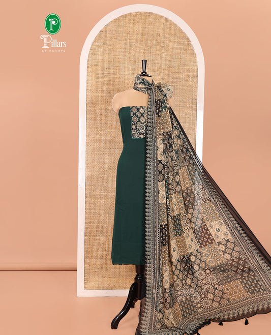 Green Material Chudidhar Set, Adorned with Ajrakh-Style Print and Mirror Work Fox Georgette Top, Santoon Plain Bottom, and Georgette Dupatta of Ajrakh Print and Mirror Work