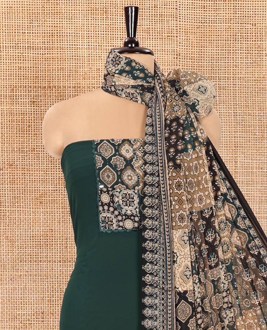 Green Material Chudidhar Set, Adorned with Ajrakh-Style Print and Mirror Work Fox Georgette Top, Santoon Plain Bottom, and Georgette Dupatta of Ajrakh Print and Mirror Work