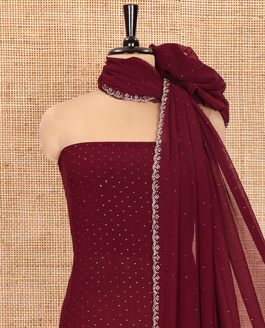 Magenta Material Churidar Set, Swarovski Stone Work Fox Georgette Top, Comes with a Plain Santoon Bottom, and a Scallop Swarovski Stone Work Fox Georgette Dupatta