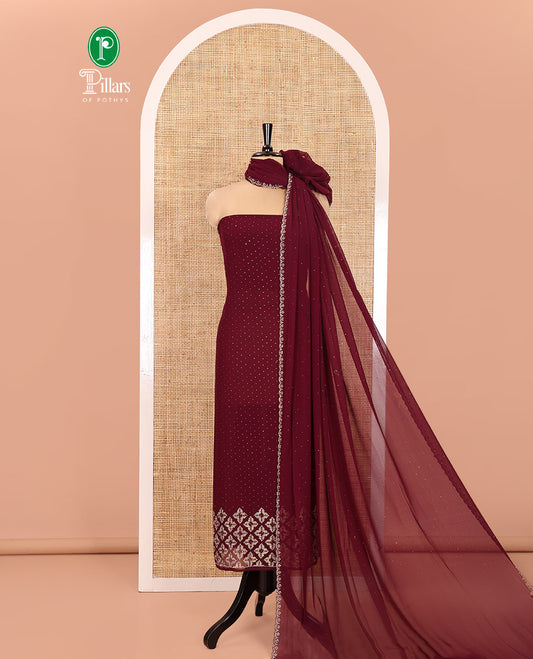 Magenta Material Churidar Set, Swarovski Stone Work Fox Georgette Top, Comes with a Plain Santoon Bottom, and a Scallop Swarovski Stone Work Fox Georgette Dupatta